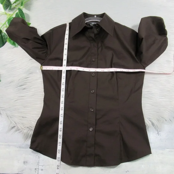 PER SE Brown Puff Sleeve Button Front Shirt Office Blouse Top Women's Size 4 - Picture 9 of 10